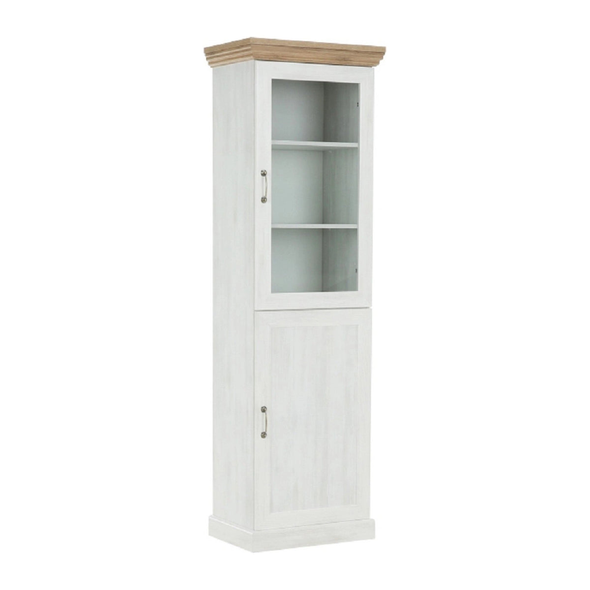 Vitrina ROYAL W1D, pin nordic/stejar salbatic, PAL melaminat/plinte decorative/metal, 57x39x187 cm