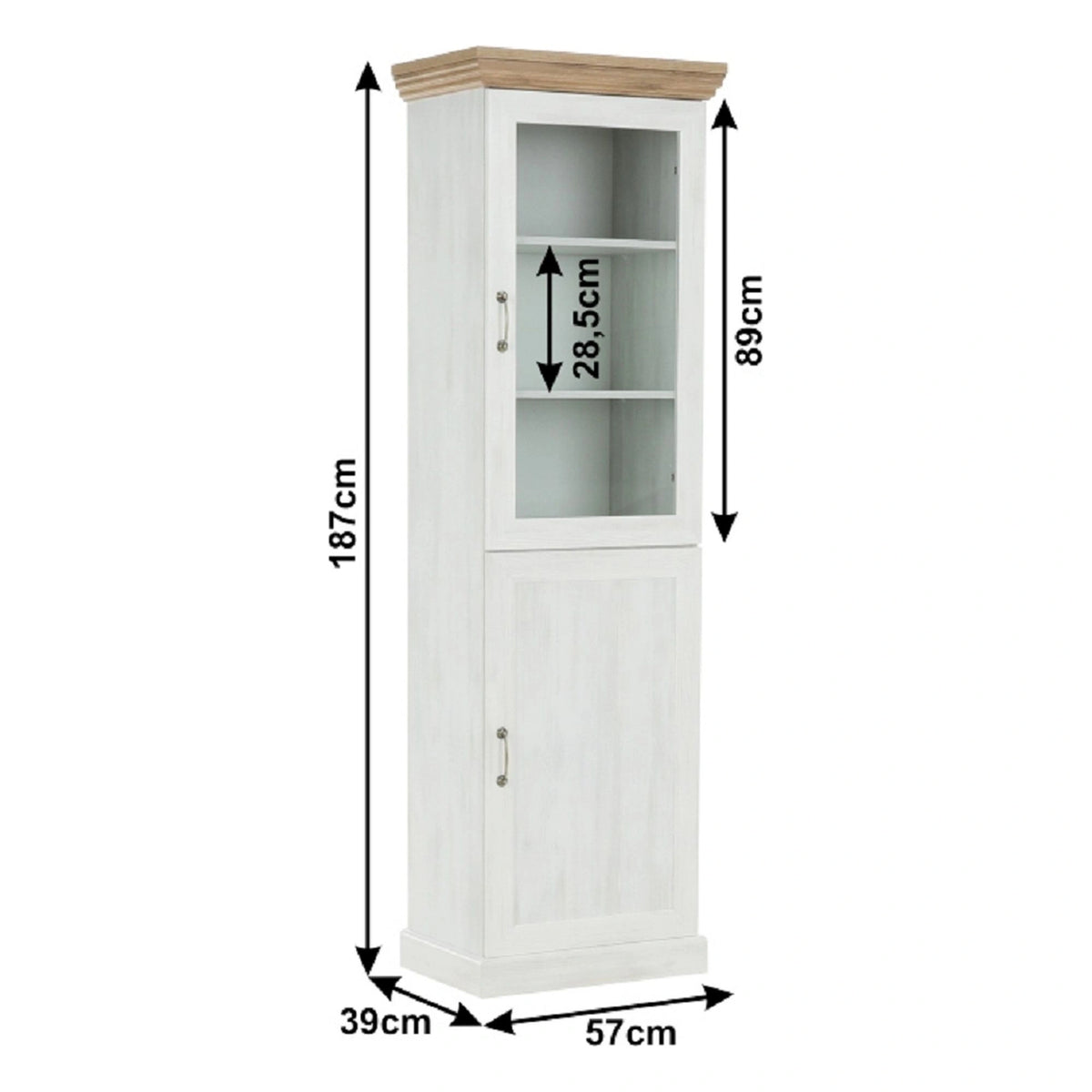 Vitrina ROYAL W1D, pin nordic/stejar salbatic, PAL melaminat/plinte decorative/metal, 57x39x187 cm