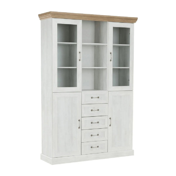 Vitrina ROYAL W2D, pin nordic/stejar salbatic, PAL melaminat/plinte decorative/metal/sticla, 127x39x187 cm