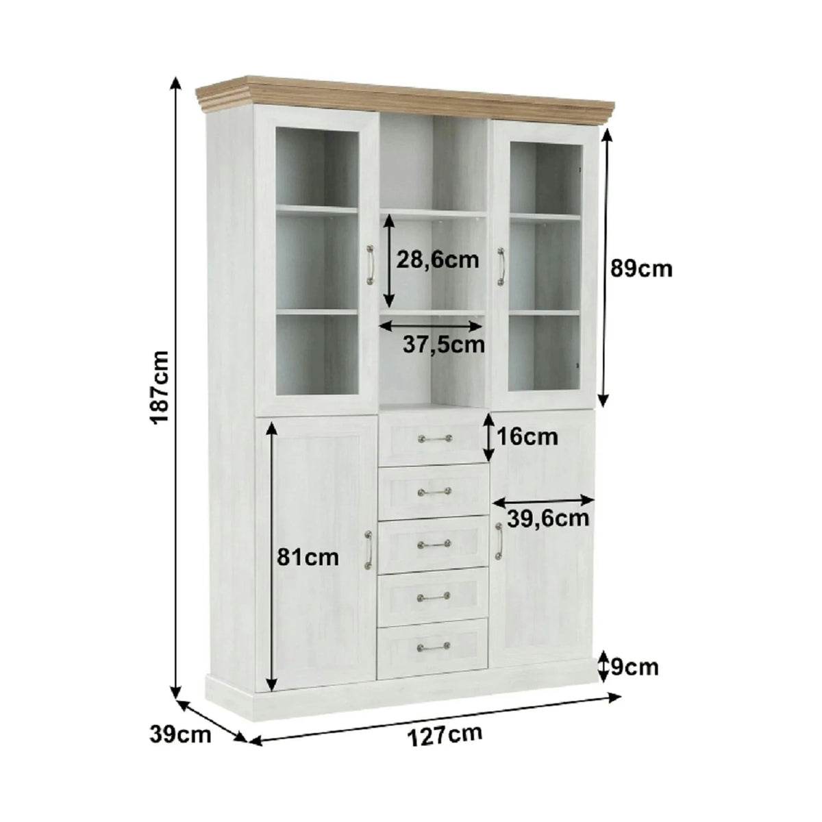 Vitrina ROYAL W2D, pin nordic/stejar salbatic, PAL melaminat/plinte decorative/metal/sticla, 127x39x187 cm