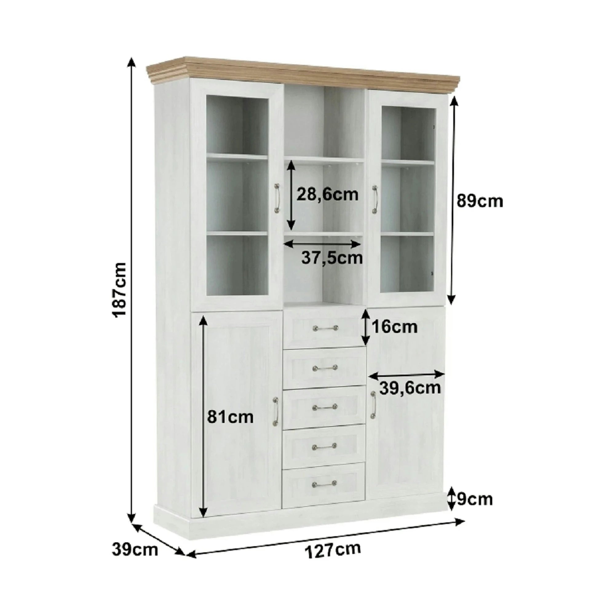 Vitrina ROYAL W2D, pin nordic/stejar salbatic, PAL melaminat/plinte decorative/metal/sticla, 127x39x187 cm