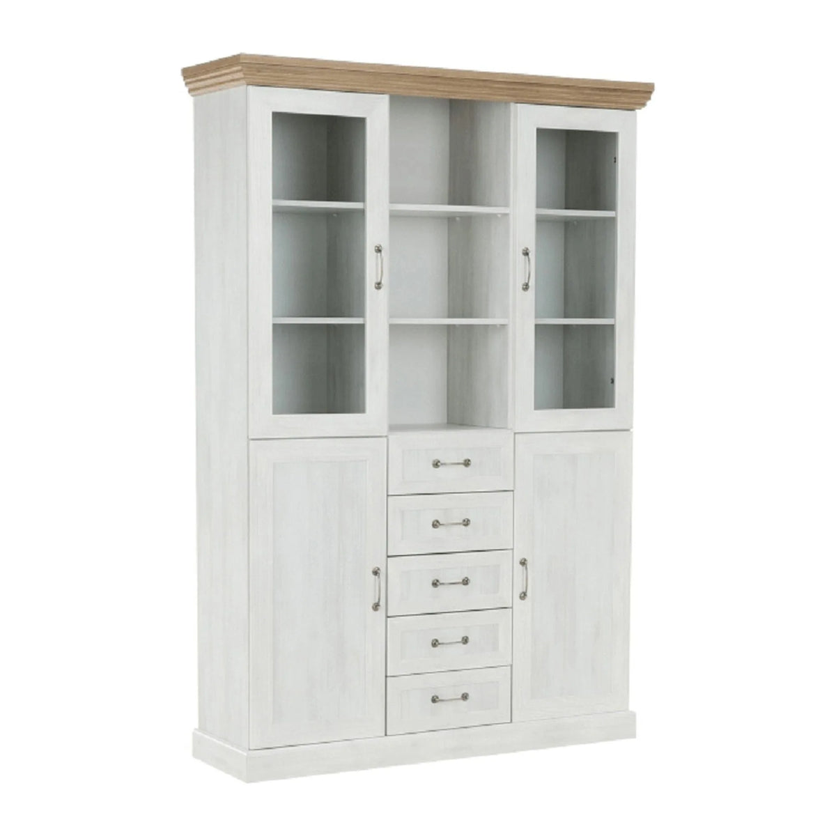Vitrina ROYAL W2D, pin nordic/stejar salbatic, PAL melaminat/plinte decorative/metal/sticla, 127x39x187 cm