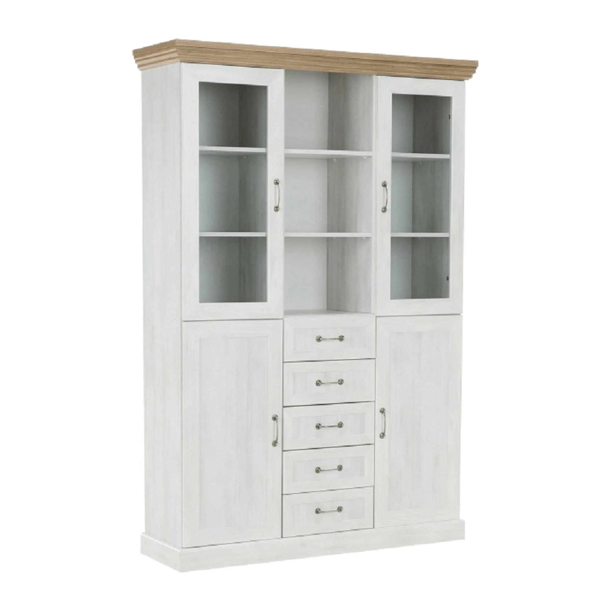 Vitrina ROYAL W2D, pin nordic/stejar salbatic, PAL melaminat/plinte decorative/metal/sticla, 127x39x187 cm