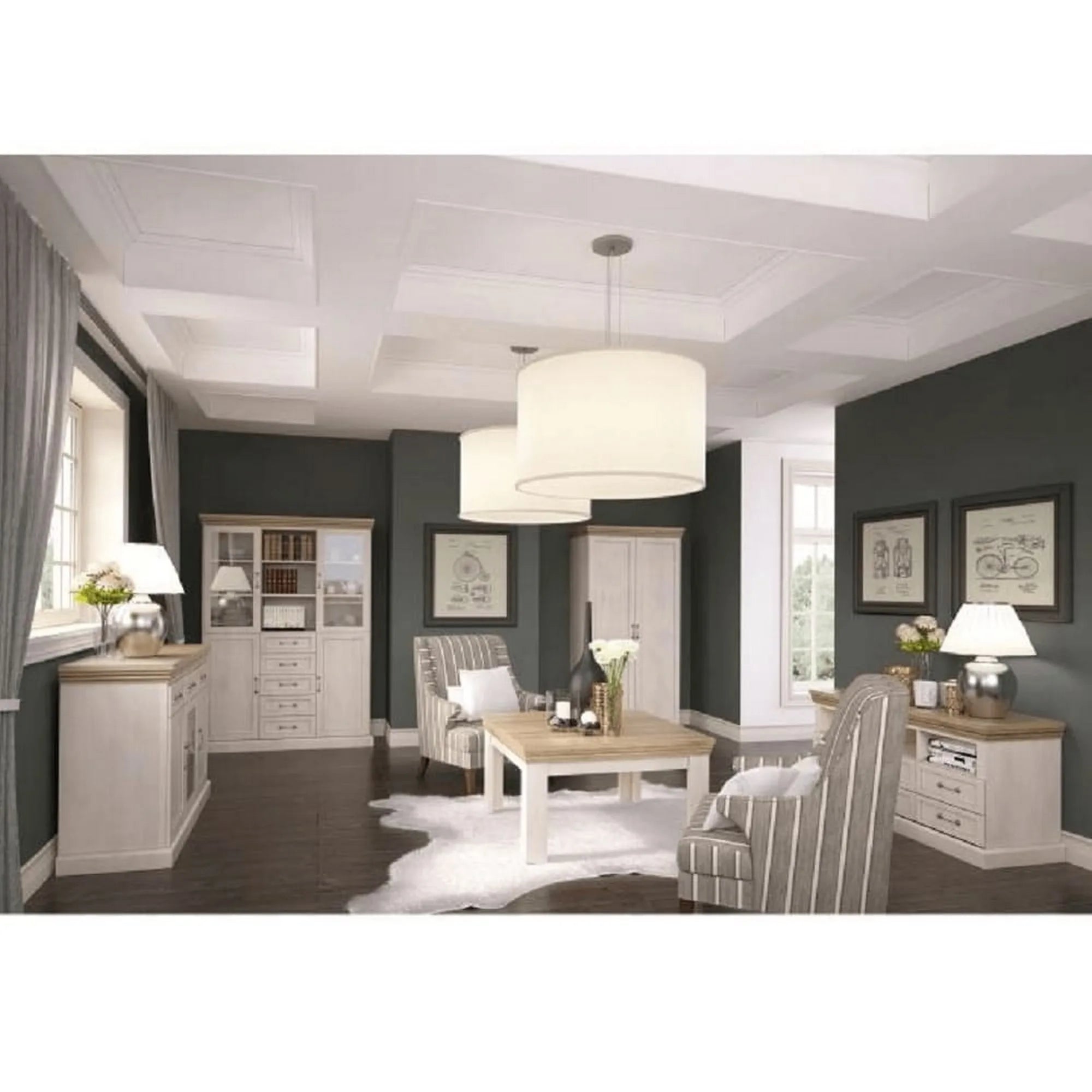 Vitrina ROYAL W2D, pin nordic/stejar salbatic, PAL melaminat/plinte decorative/metal/sticla, 127x39x187 cm