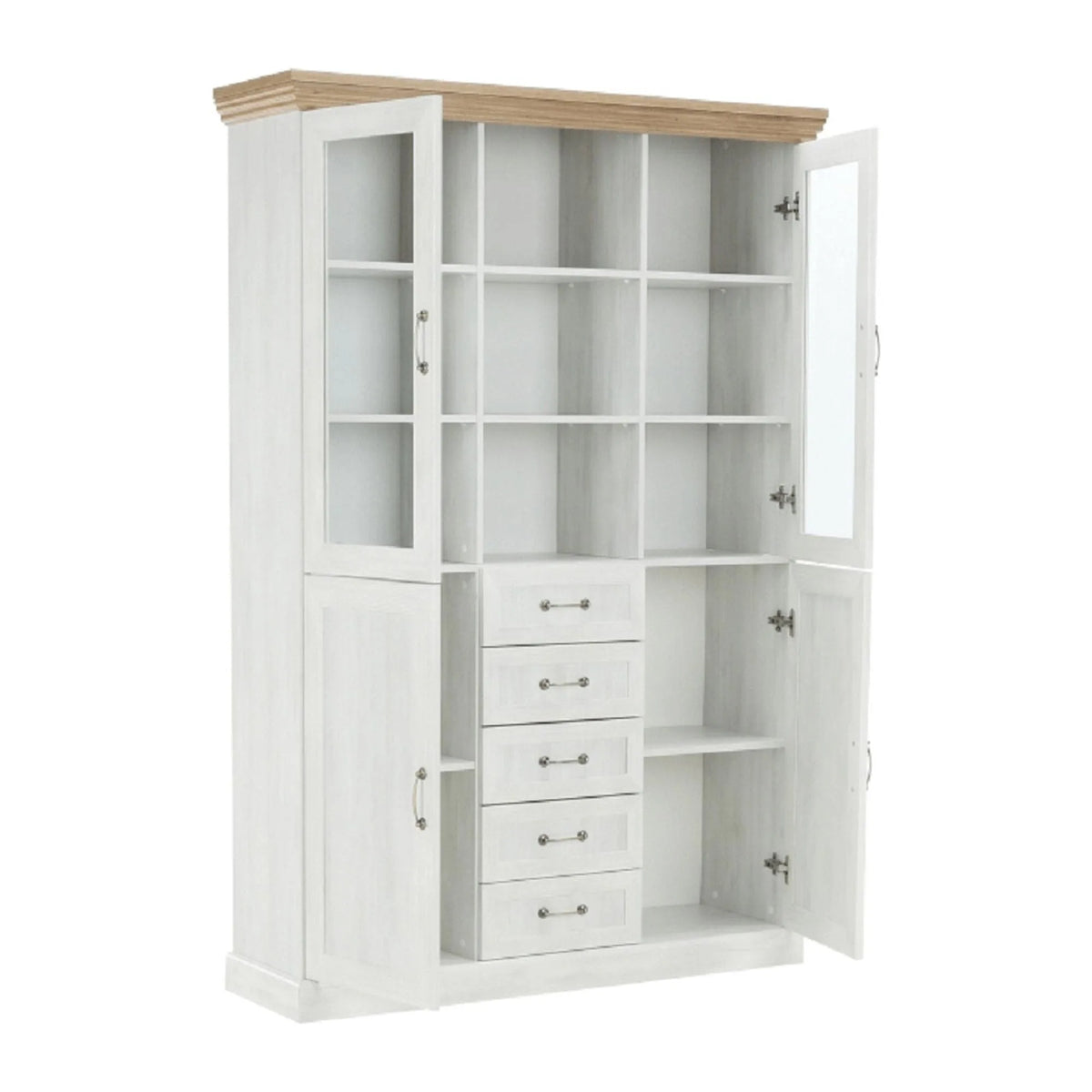 Vitrina ROYAL W2D, pin nordic/stejar salbatic, PAL melaminat/plinte decorative/metal/sticla, 127x39x187 cm