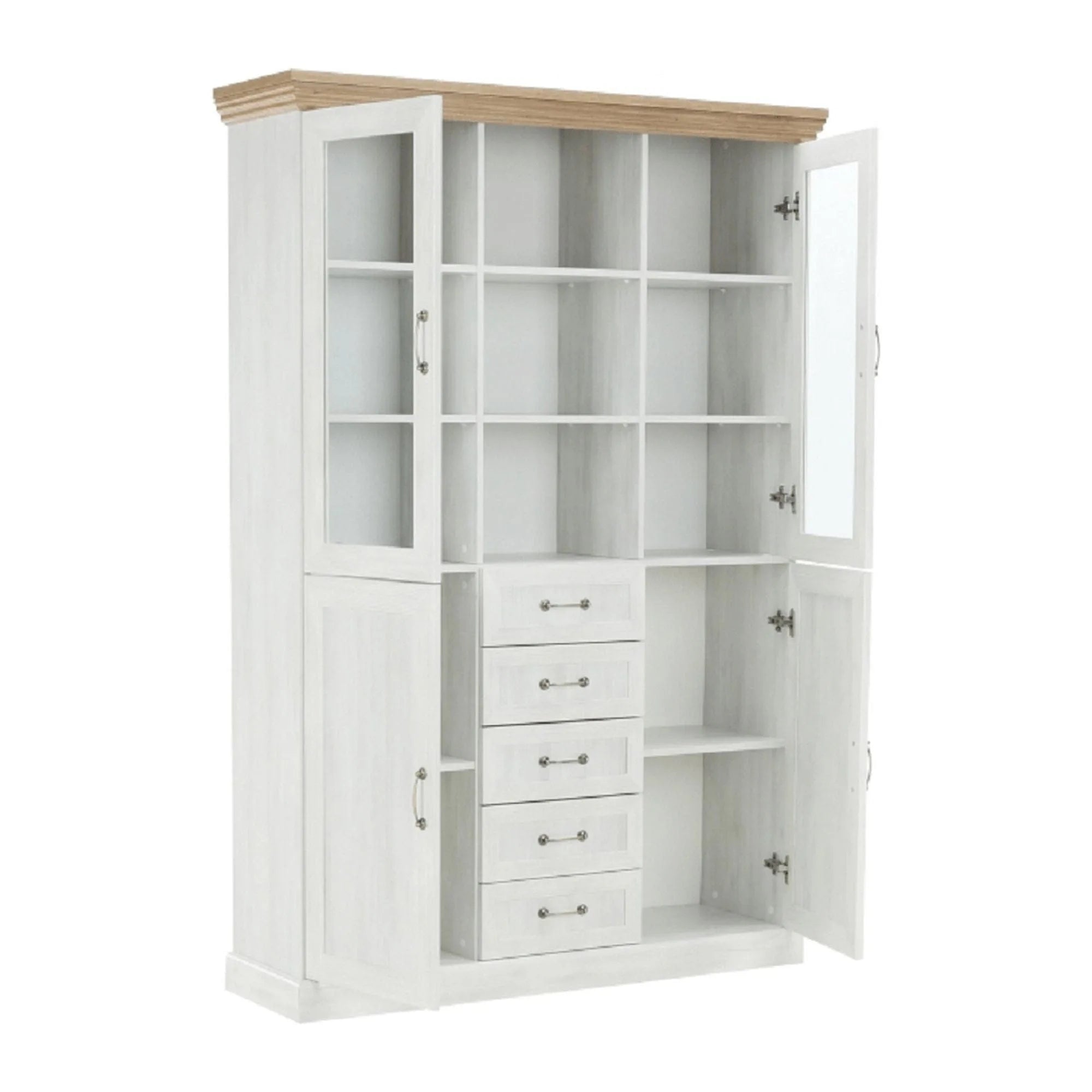 Vitrina ROYAL W2D, pin nordic/stejar salbatic, PAL melaminat/plinte decorative/metal/sticla, 127x39x187 cm