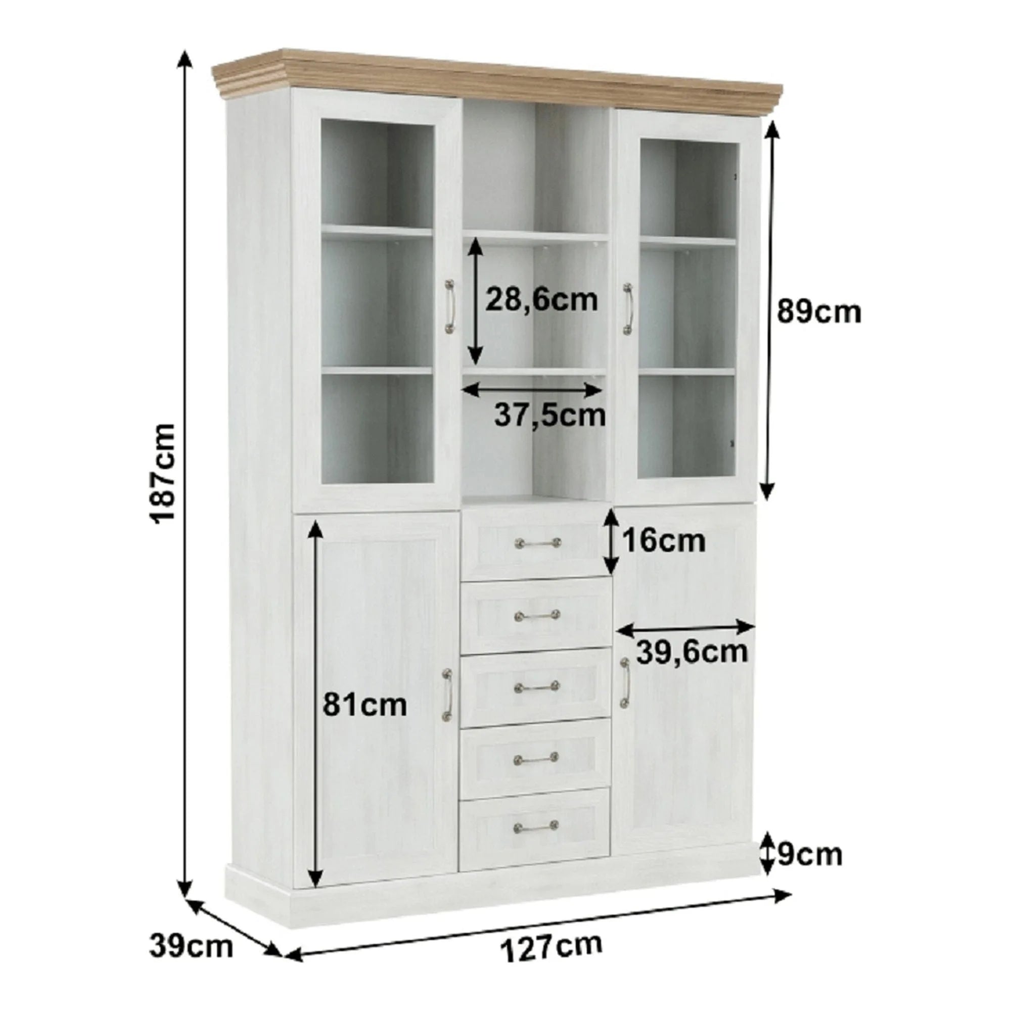 Vitrina ROYAL W2D, pin nordic/stejar salbatic, PAL melaminat/plinte decorative/metal/sticla, 127x39x187 cm