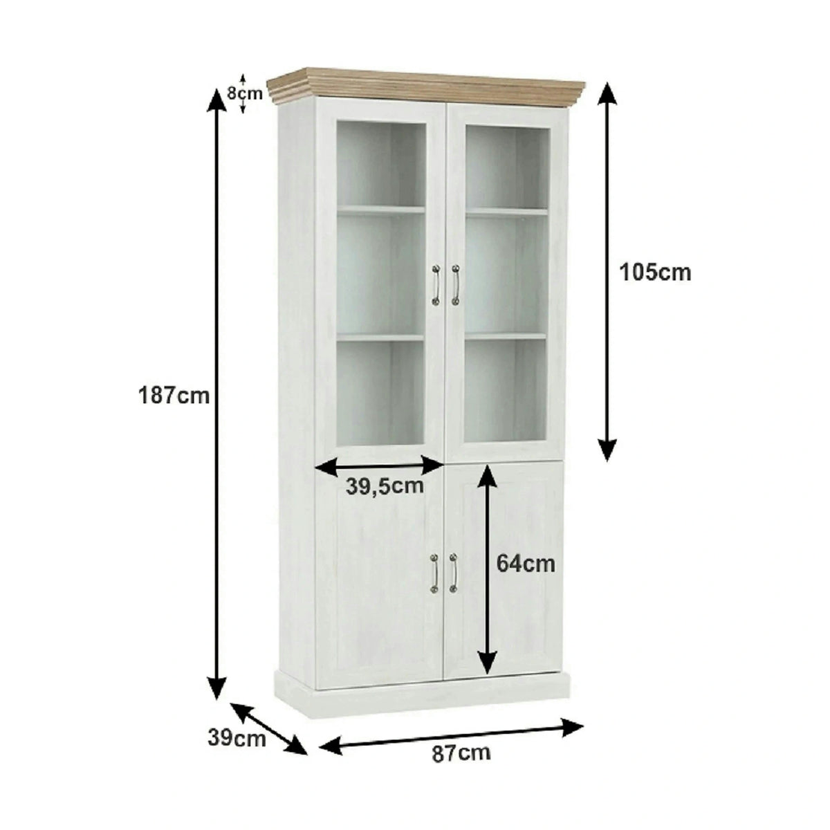 Vitrina ROYAL W4D, pin nordic/stejar salbatic, PAL melaminat/plinte decorative/metal, 87x39x187 cm