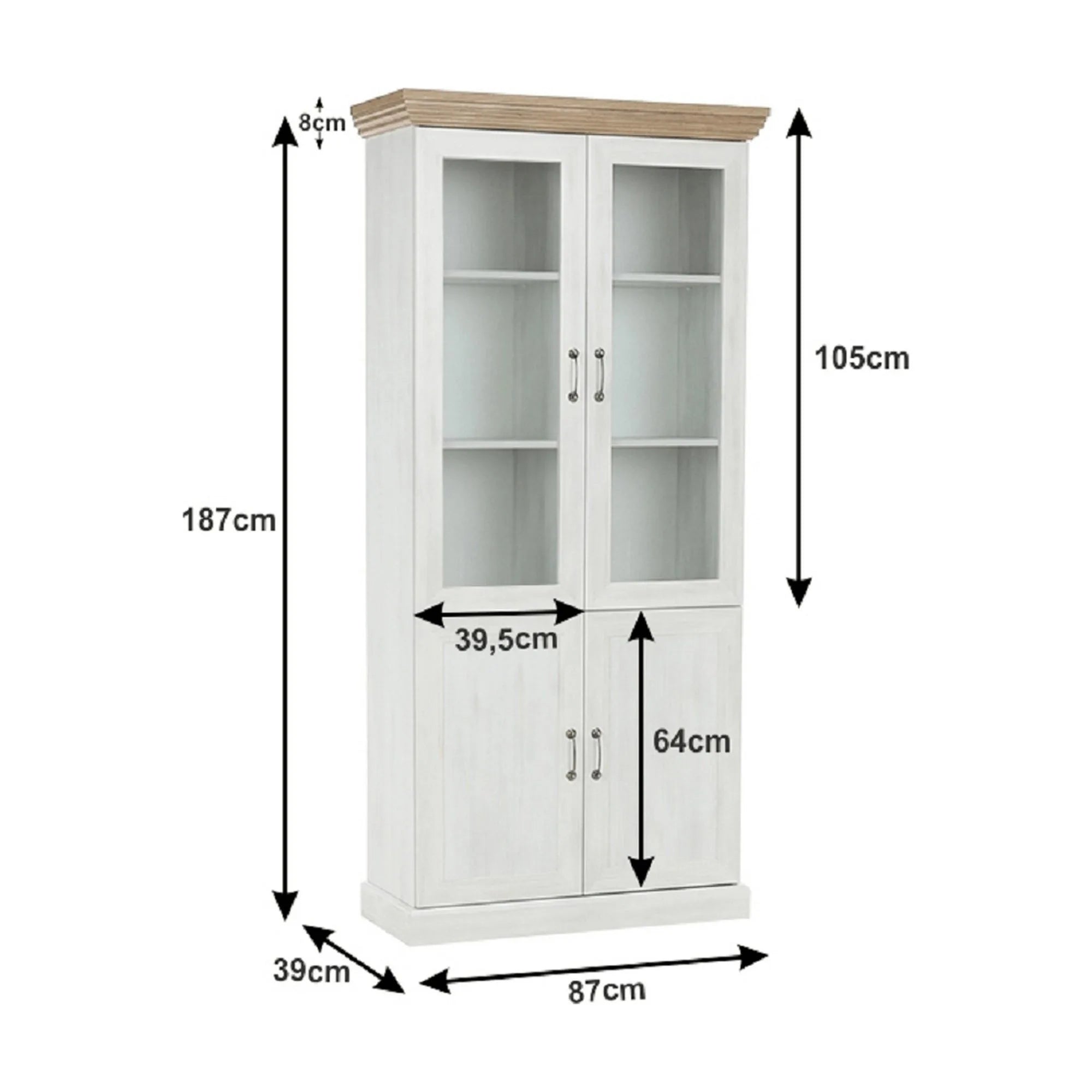 Vitrina ROYAL W4D, pin nordic/stejar salbatic, PAL melaminat/plinte decorative/metal, 87x39x187 cm