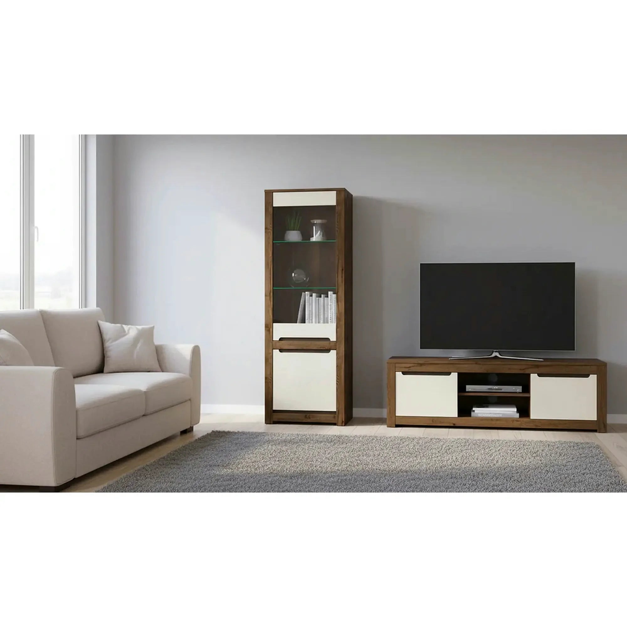 Vitrina RUSO, stejar april/alb perla, PAL/sticla securizata, 69x46x205 cm