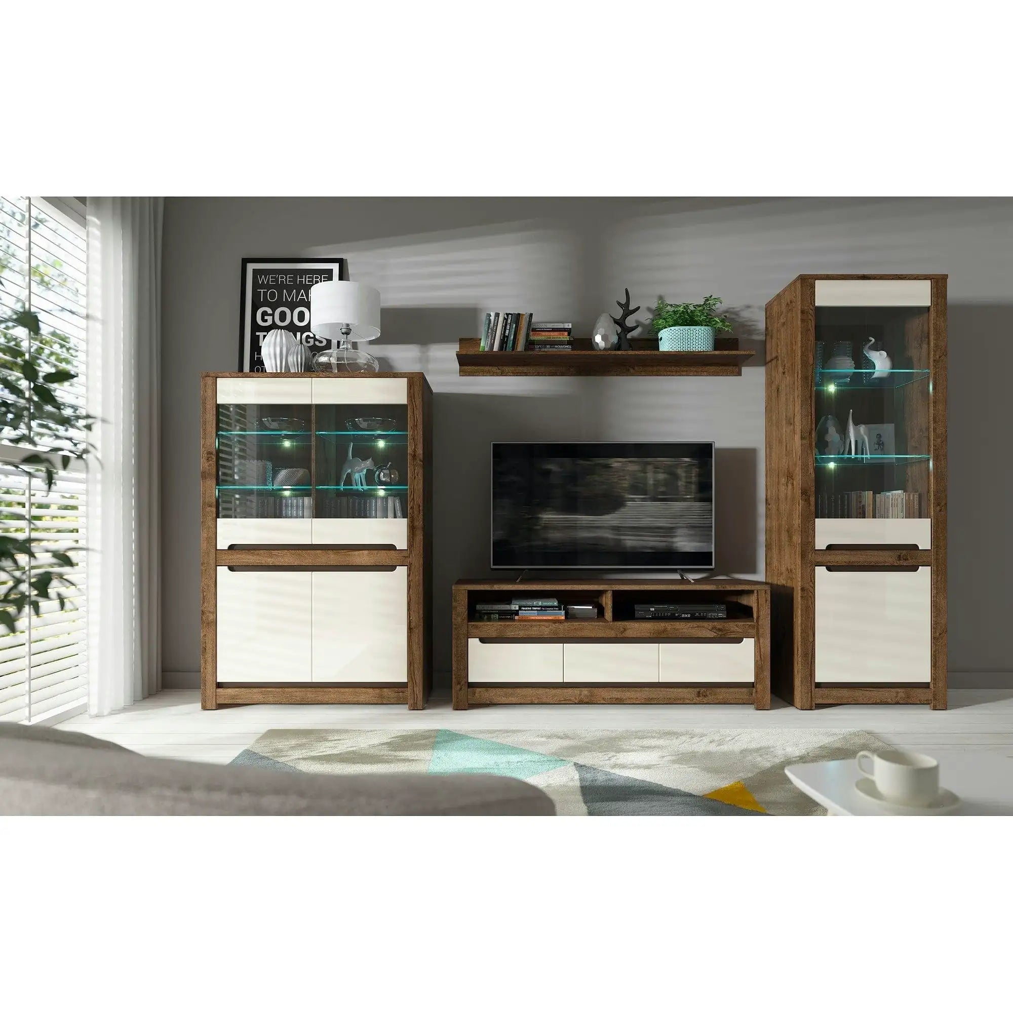 Vitrina RUSO, stejar april/alb perla, PAL/sticla securizata, 69x46x205 cm