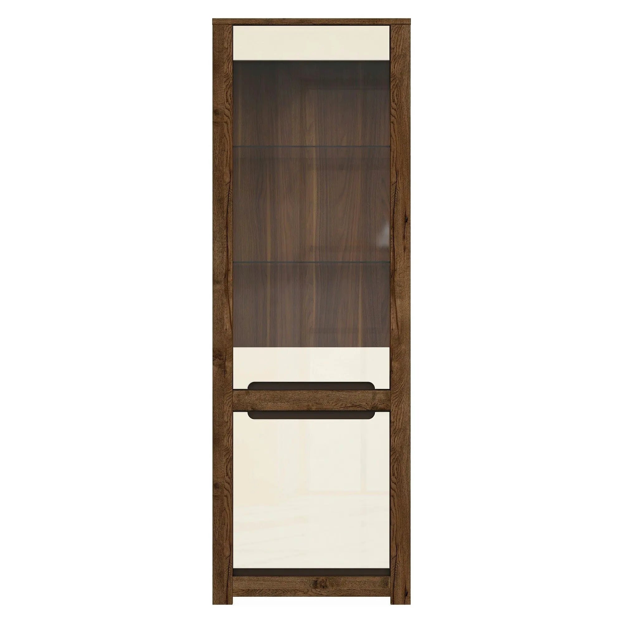 Vitrina RUSO, stejar april/alb perla, PAL/sticla securizata, 69x46x205 cm