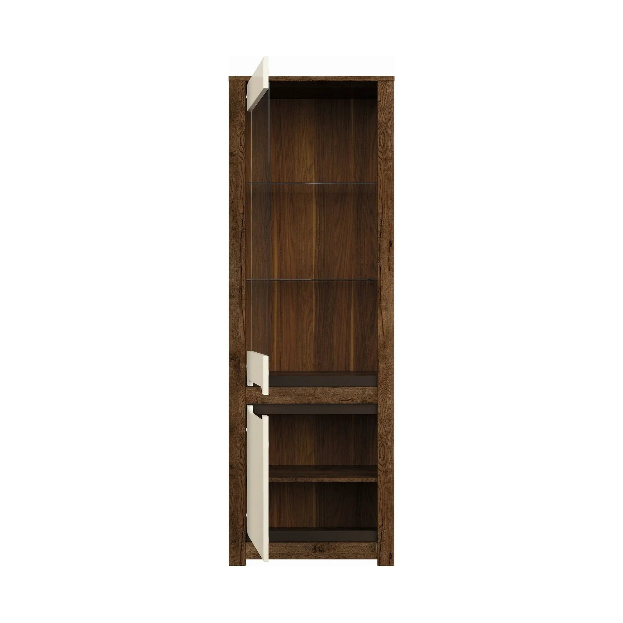 Vitrina RUSO, stejar april/alb perla, PAL/sticla securizata, 69x46x205 cm