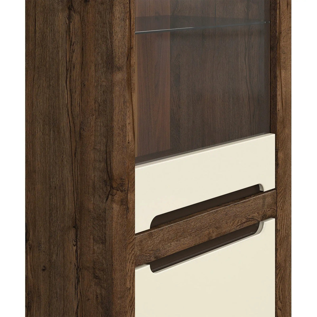 Vitrina RUSO, stejar april/alb perla, PAL/sticla securizata, 69x46x205 cm