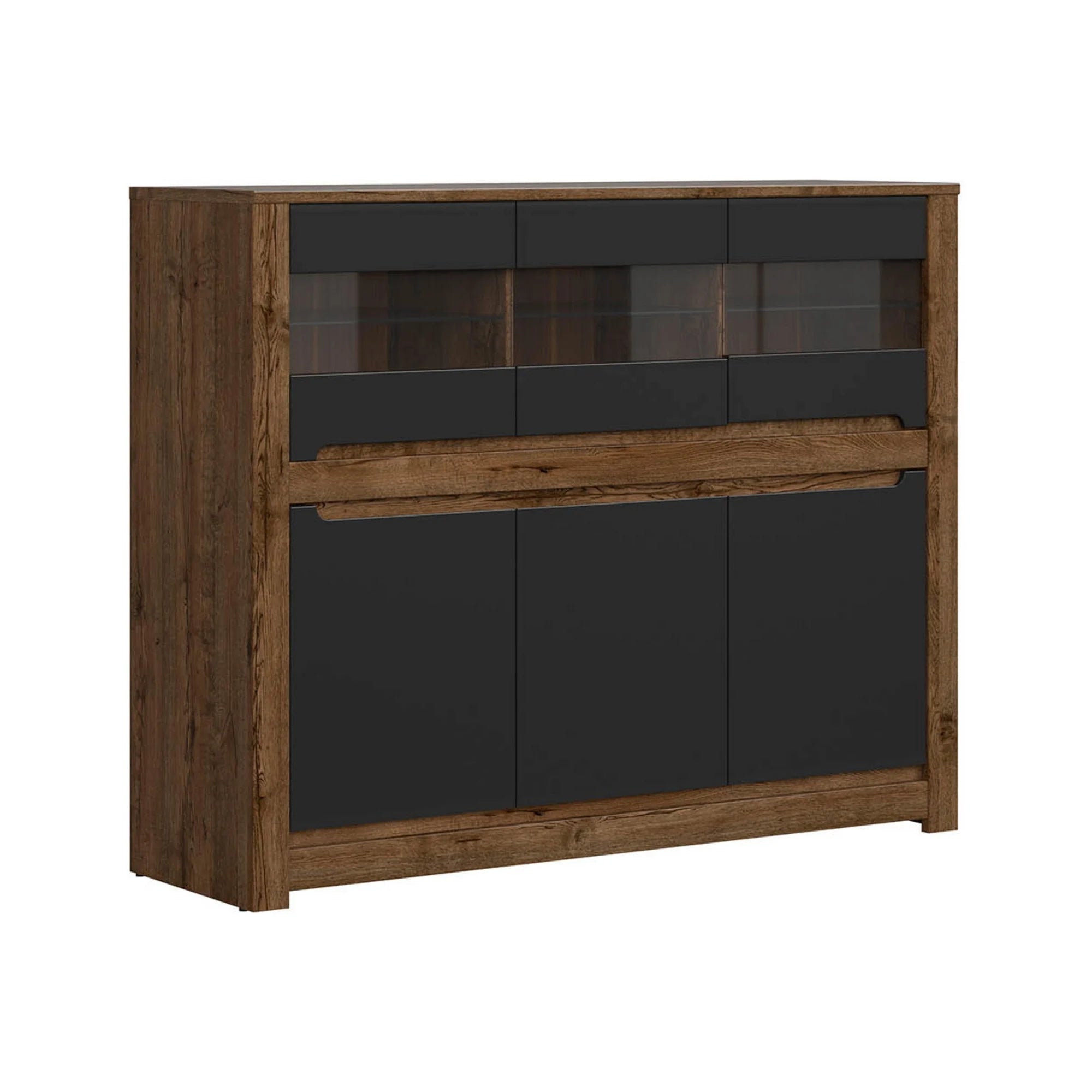 Vitrina RUSO, stejar/negru mat, PAL/sticla, 149x46x121 cm