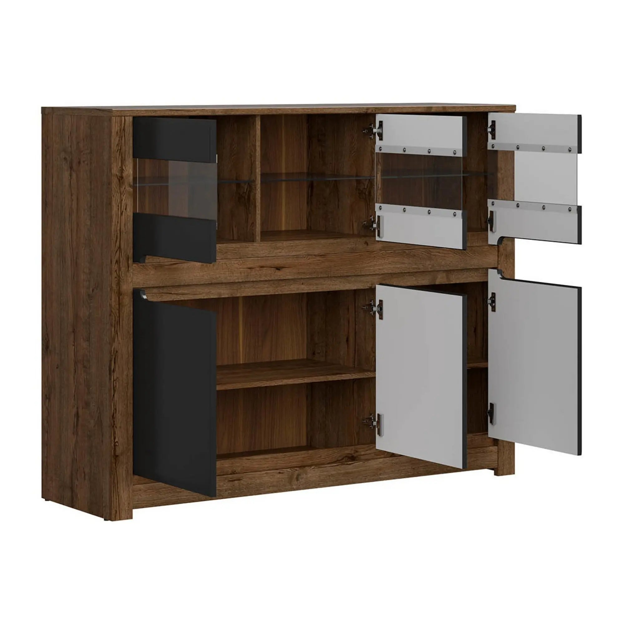 Vitrina RUSO, stejar/negru mat, PAL/sticla, 149x46x121 cm