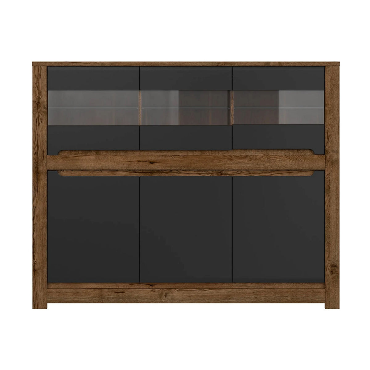 Vitrina RUSO, stejar/negru mat, PAL/sticla, 149x46x121 cm