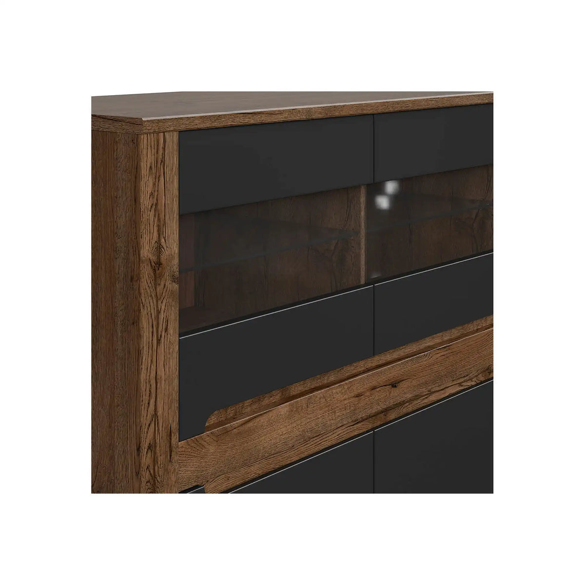 Vitrina RUSO, stejar/negru mat, PAL/sticla, 149x46x121 cm