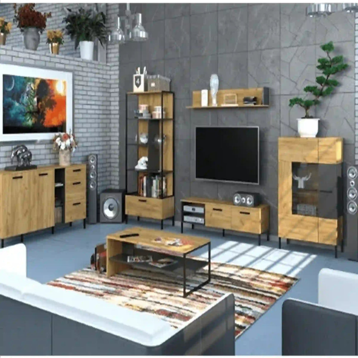 Vitrina SANTES, stejar artisan auriu, PAL laminat, 90x42x135 cm