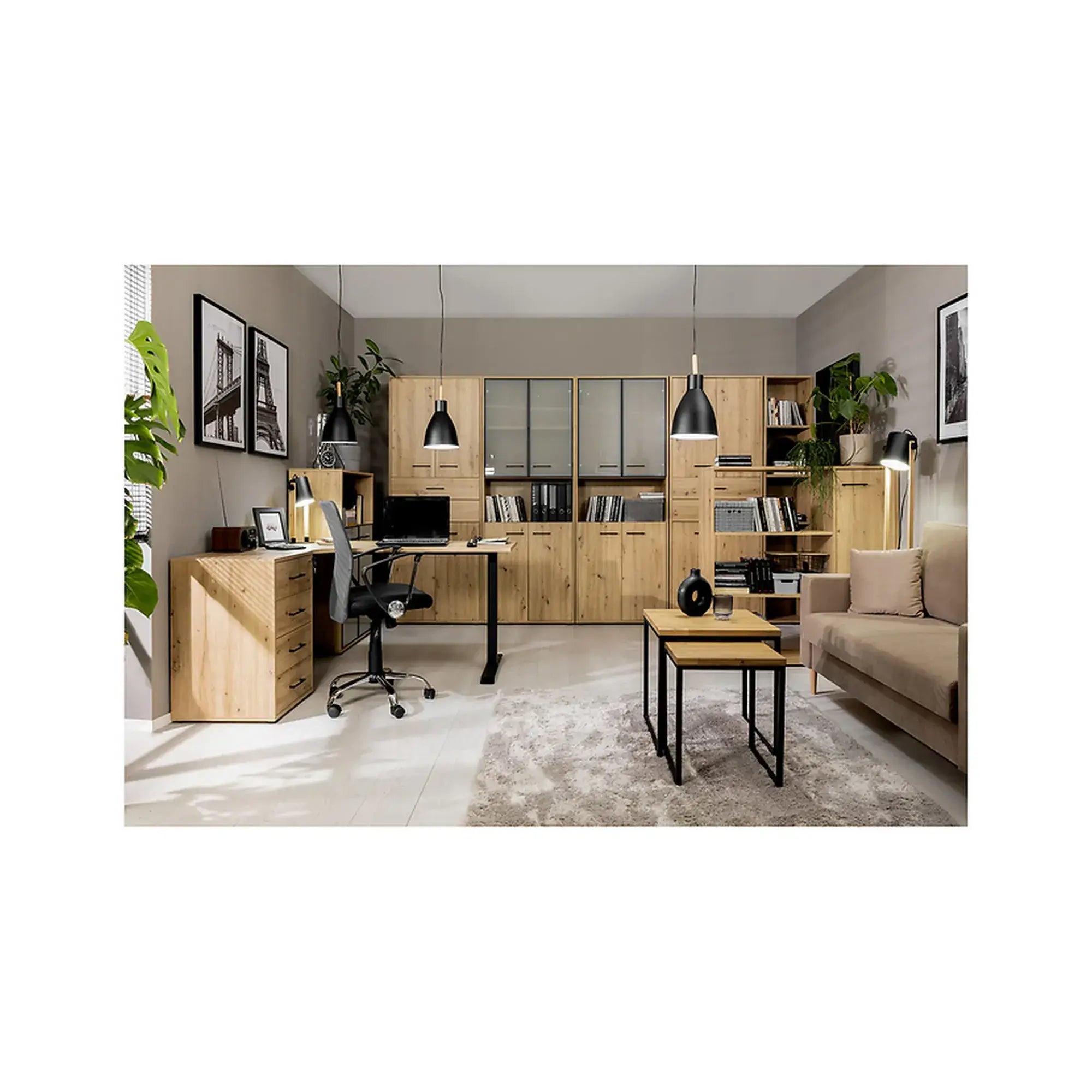 Vitrina SPACE OFFICE, stejar artisan/negru fumuriu, PAL laminat/sticla, cu 2 usi si 3 rafturi, 80x38x203 cm
