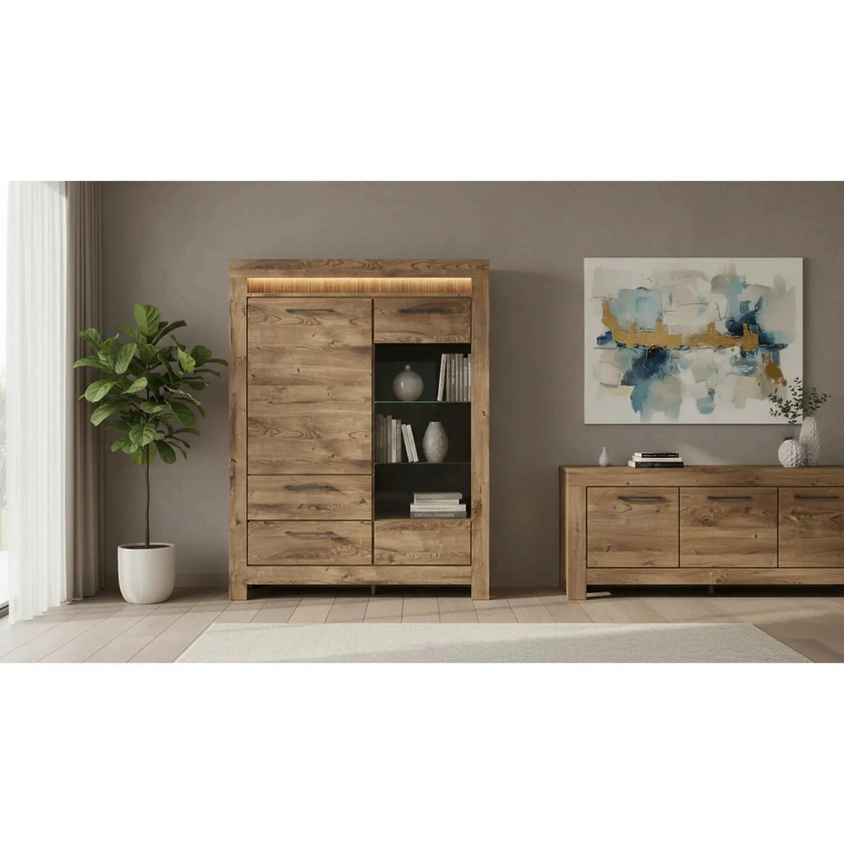 Vitrina TORIN, stejar, PAL/sticla securizata, 114x45x150 cm