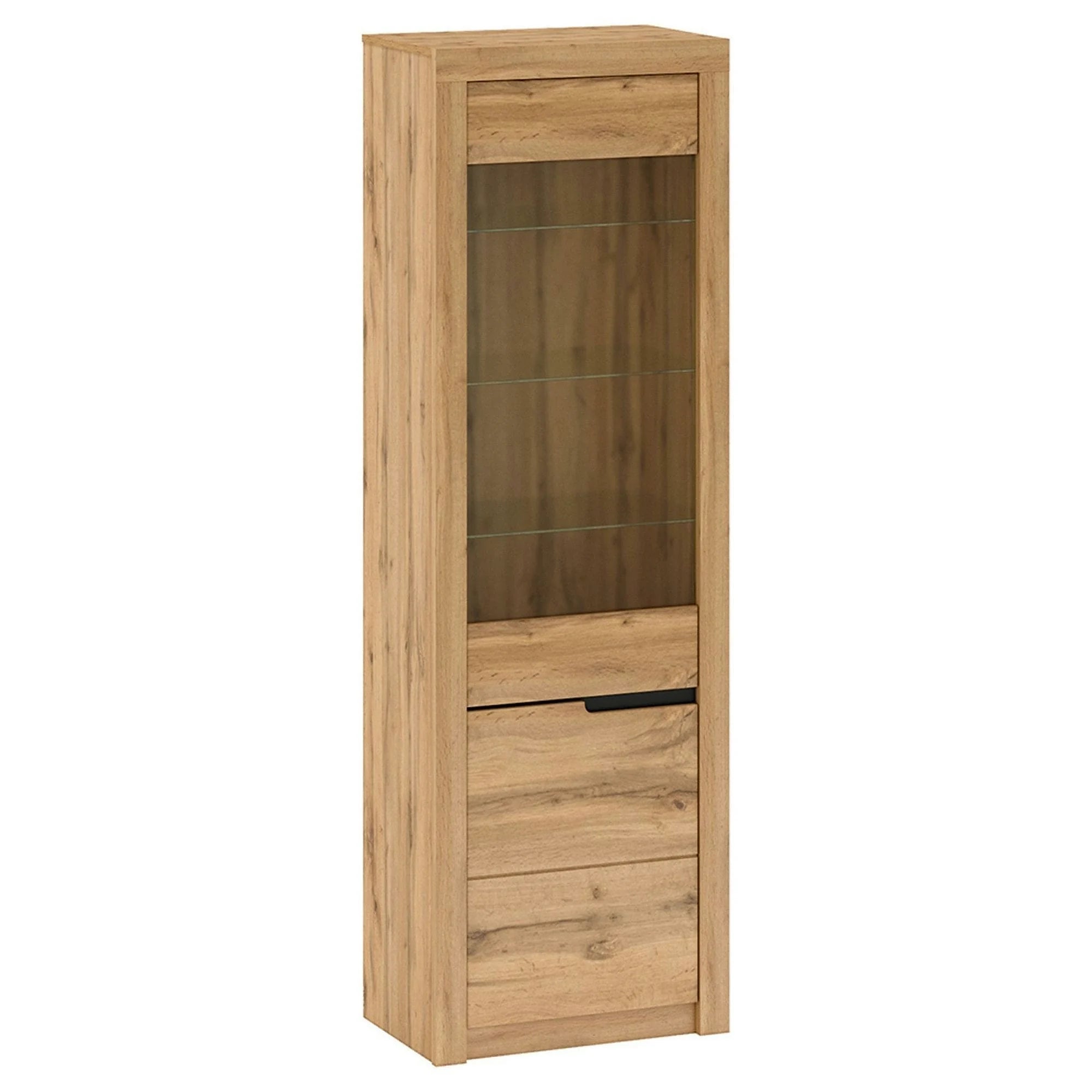 Vitrina TORONTA A1, stejar wotan, DTD laminat, deschidere stanga, 63x40x197 cm