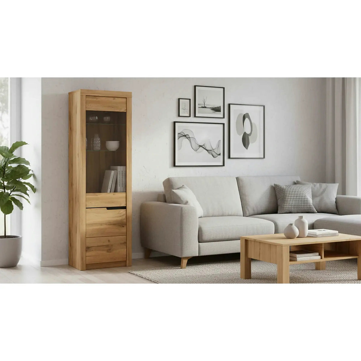 Vitrina TORONTA A1, stejar wotan, DTD laminat, deschidere stanga, 63x40x197 cm