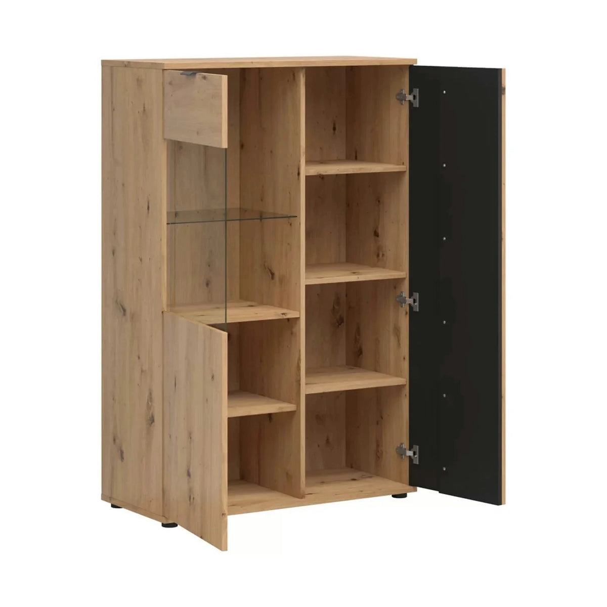 Vitrina VABRES, stejar artisan/negru mat, PAL laminat/sticla, 91x40x138 cm