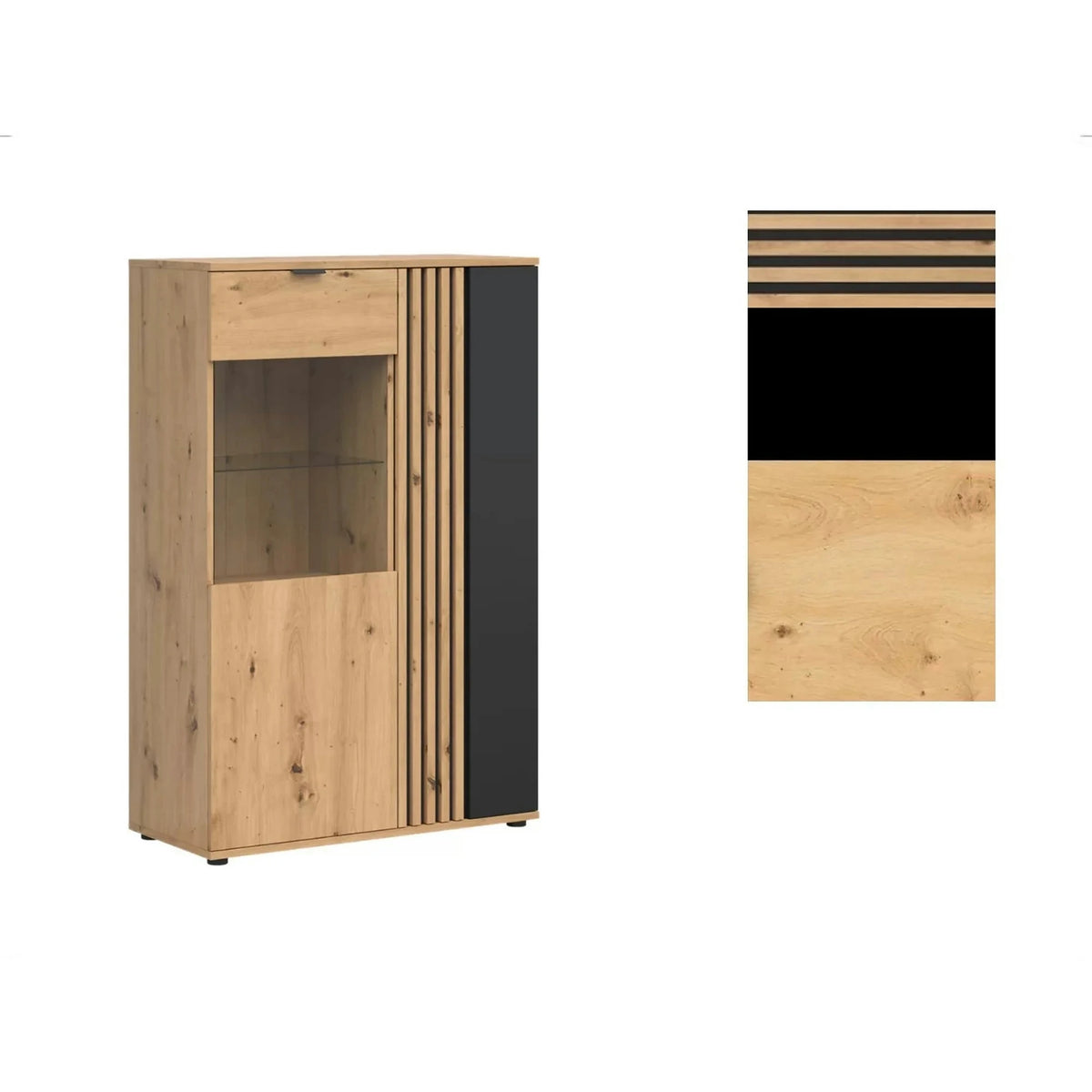 Vitrina VABRES, stejar artisan/negru mat, PAL laminat/sticla, 91x40x138 cm