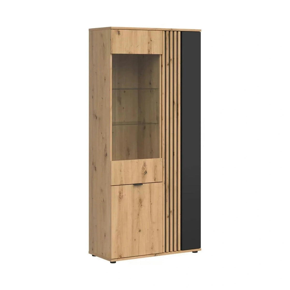 Vitrina VABRES, stejar artisan/negru mat, PAL laminat/sticla, 91x40x196 cm