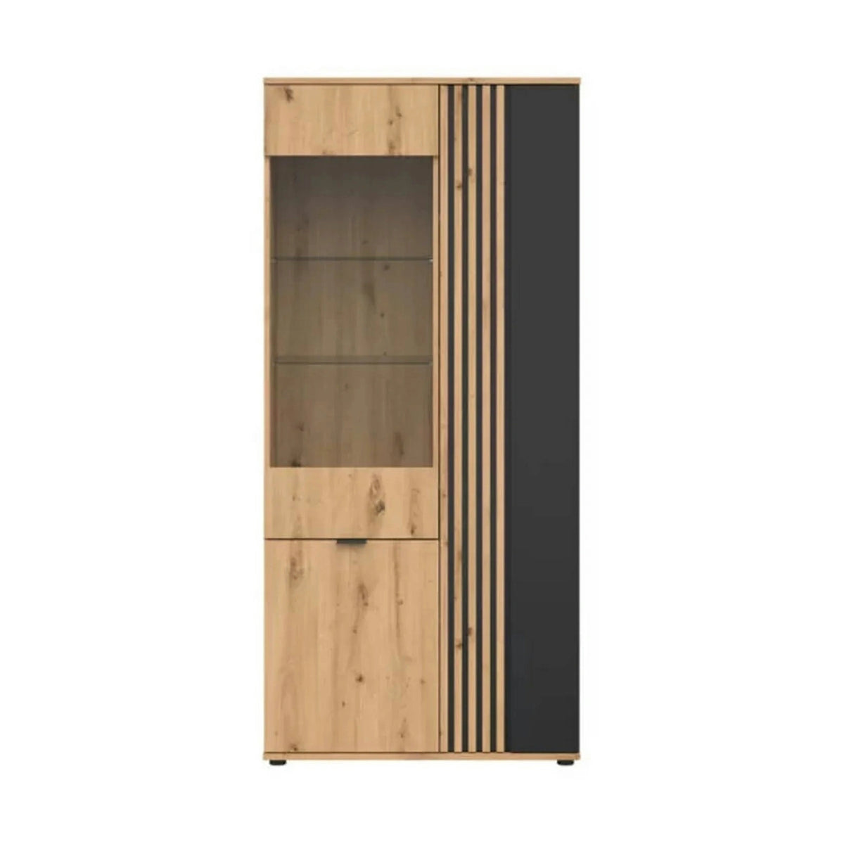 Vitrina VABRES, stejar artisan/negru mat, PAL laminat/sticla, 91x40x196 cm