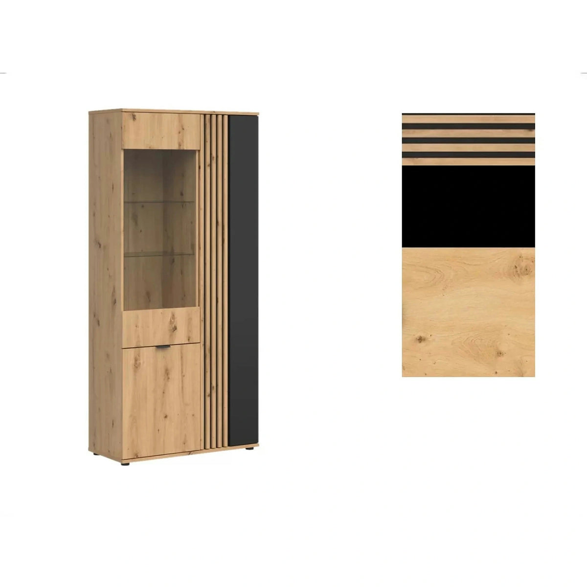 Vitrina VABRES, stejar artisan/negru mat, PAL laminat/sticla, 91x40x196 cm