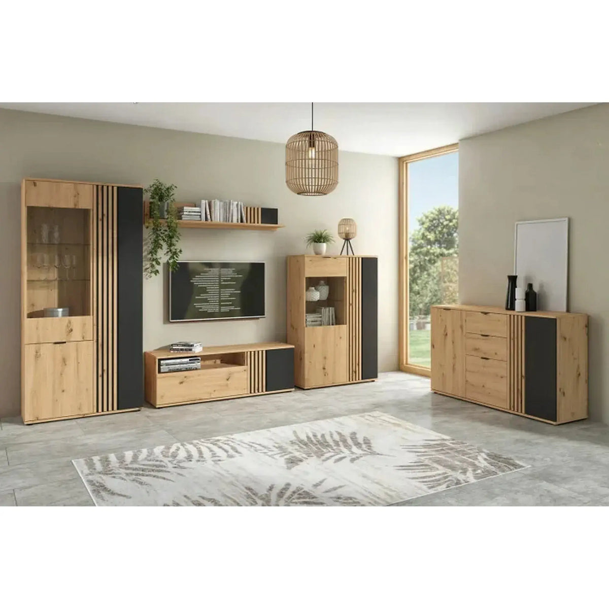 Vitrina VABRES, stejar artisan/negru mat, PAL laminat/sticla, 91x40x196 cm