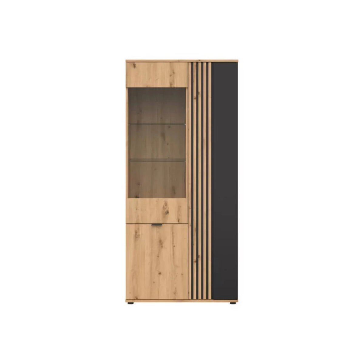 Vitrina VABRES, stejar artisan/negru mat, PAL laminat/sticla, 91x40x196 cm