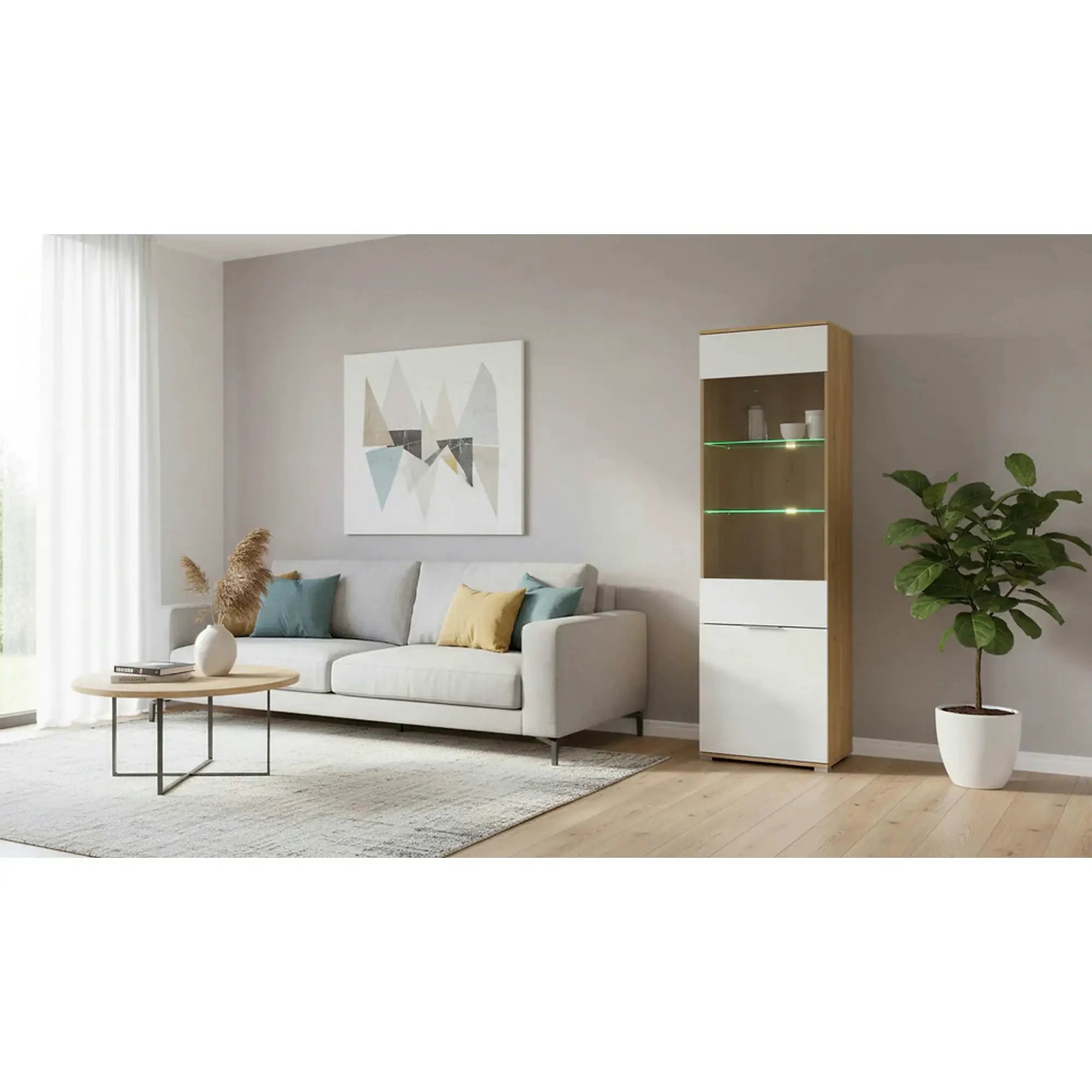 Vitrina ZELE, stejar wotan/alb lucios, PAL laminat, 56x41x195 cm