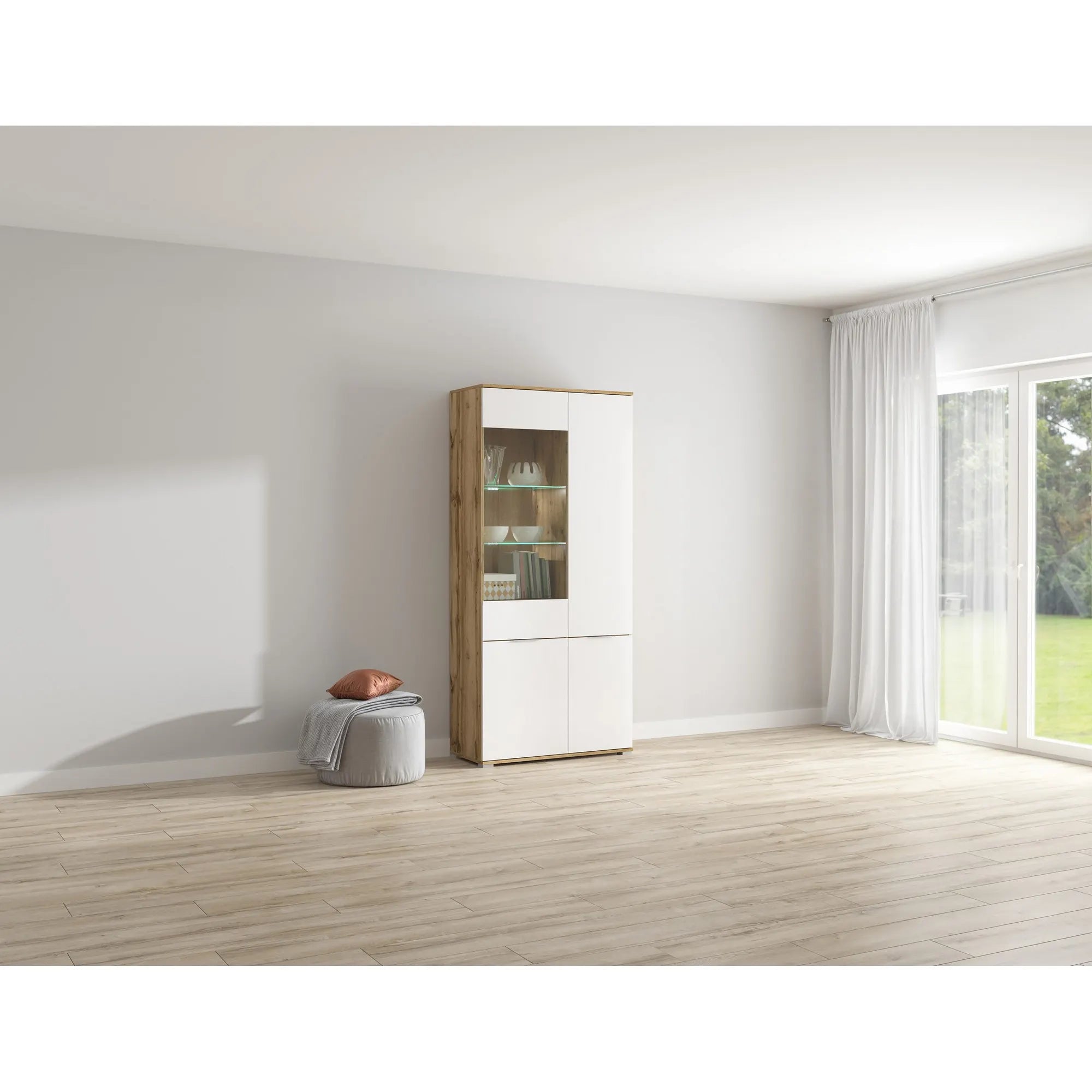 Vitrina ZELE, stejar wotan/alb lucios, PAL/sticla, 90x41x195 cm