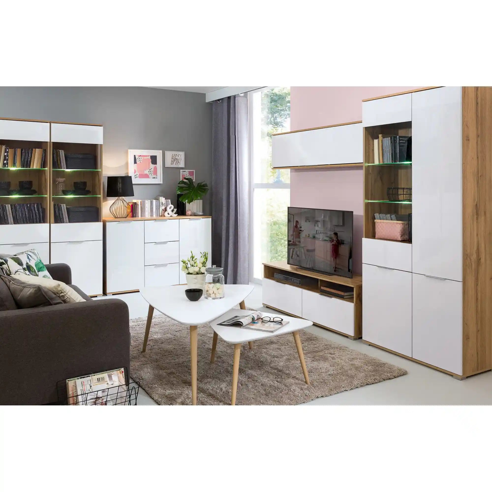 Vitrina ZELE, stejar wotan/alb lucios, PAL/sticla, 90x41x195 cm