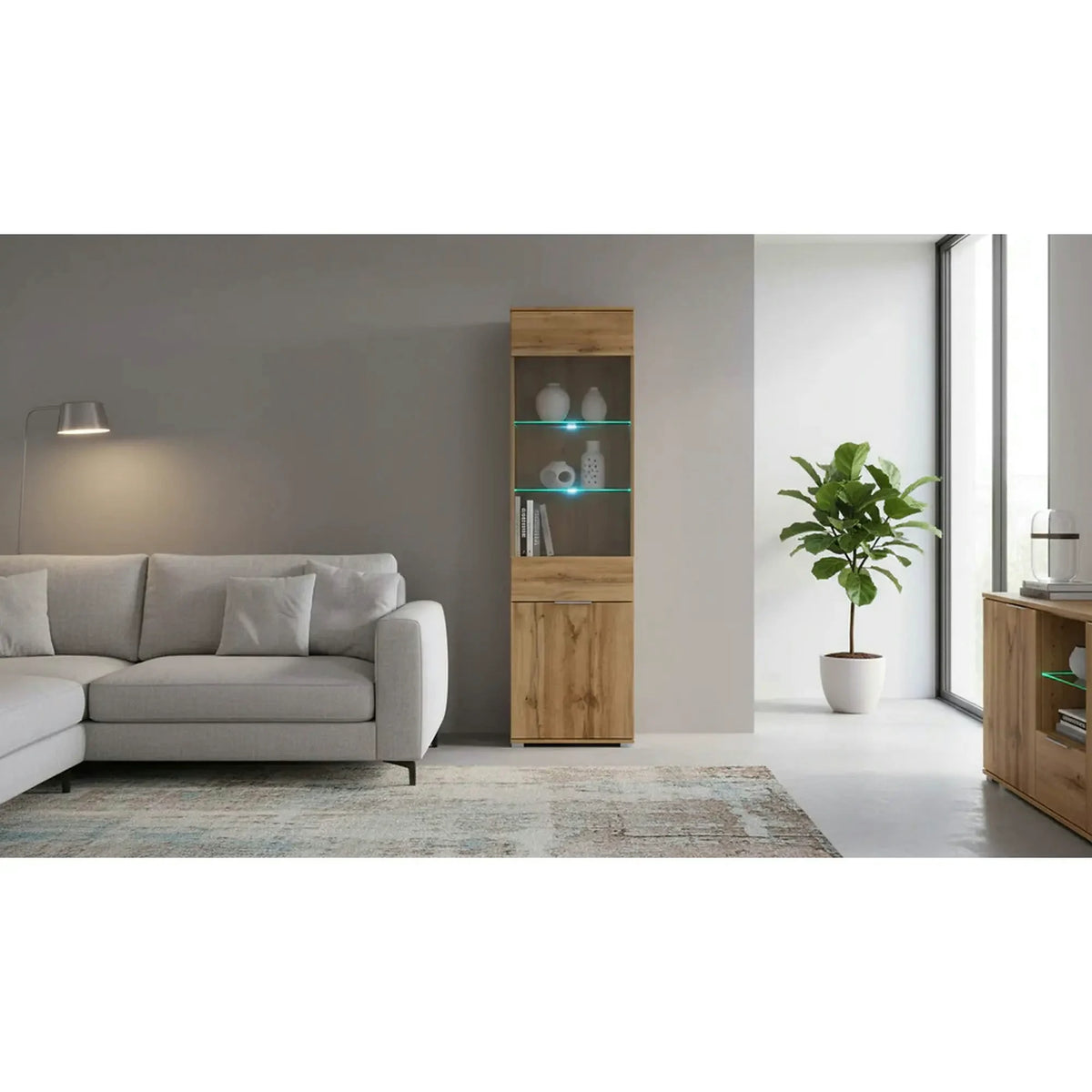 Vitrina ZELE, stejar wotan, PAL laminat, 56x41x195 cm