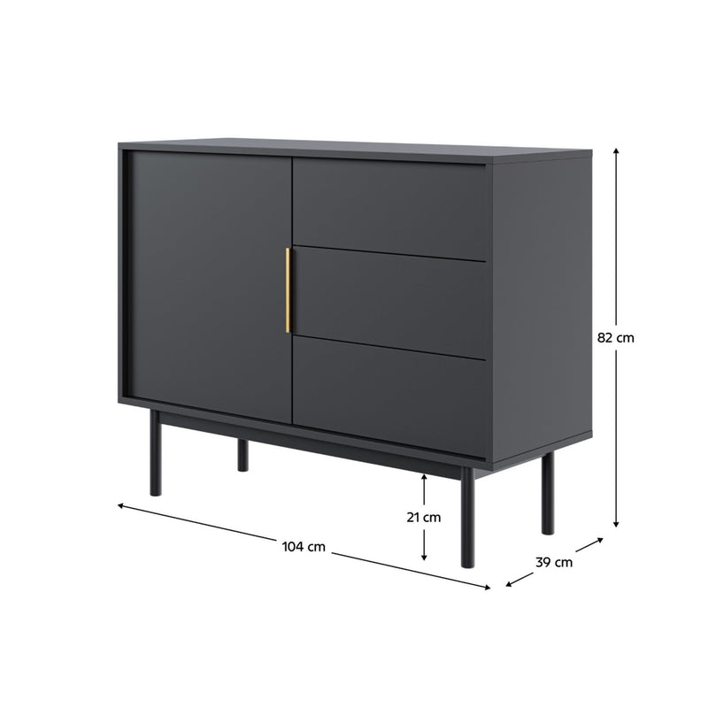 Comoda VIVALA 1D3S, negru/auriu, DTD laminat, 104x39x82 cm