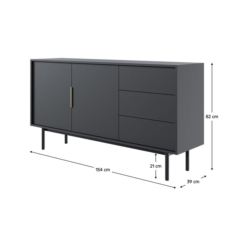 Comoda VIVALA 2D3S, negru/auriu, DTD laminat, 154x39x82 cm