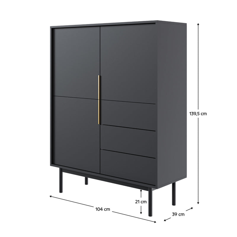 Comoda VIVALA 3D3S, negru/auriu, DTD laminat, 104x39x140 cm