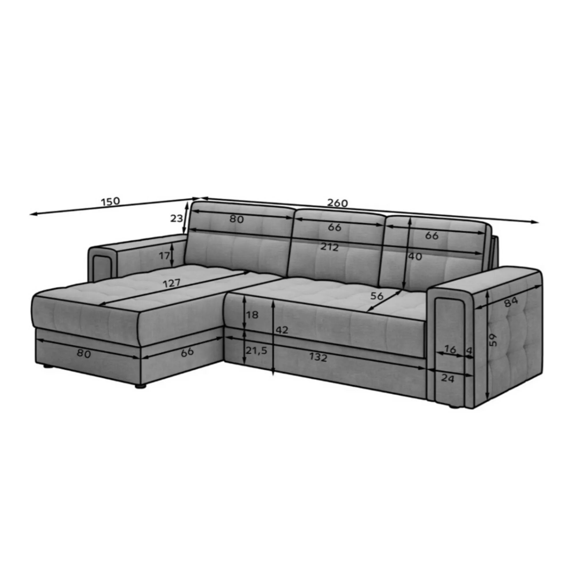 Coltar extensibil BLENVI, universal, stofa alb - Royal 01, cu lada depozitare, 260x150x82 cm