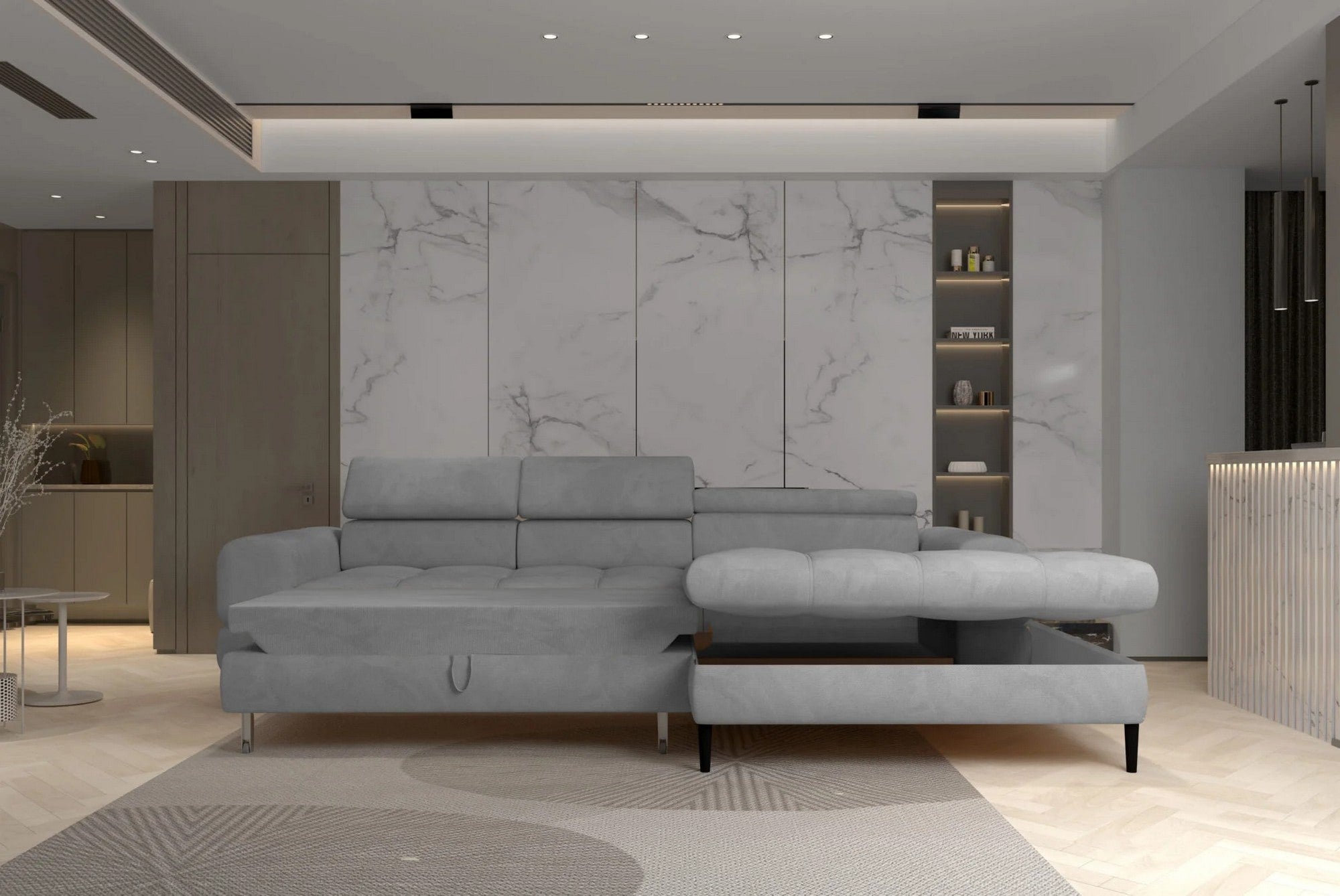Coltar extensibil VOSS S, personalizabil materiale Gama Premium, cu lada depozitare, 271x177x94 cm