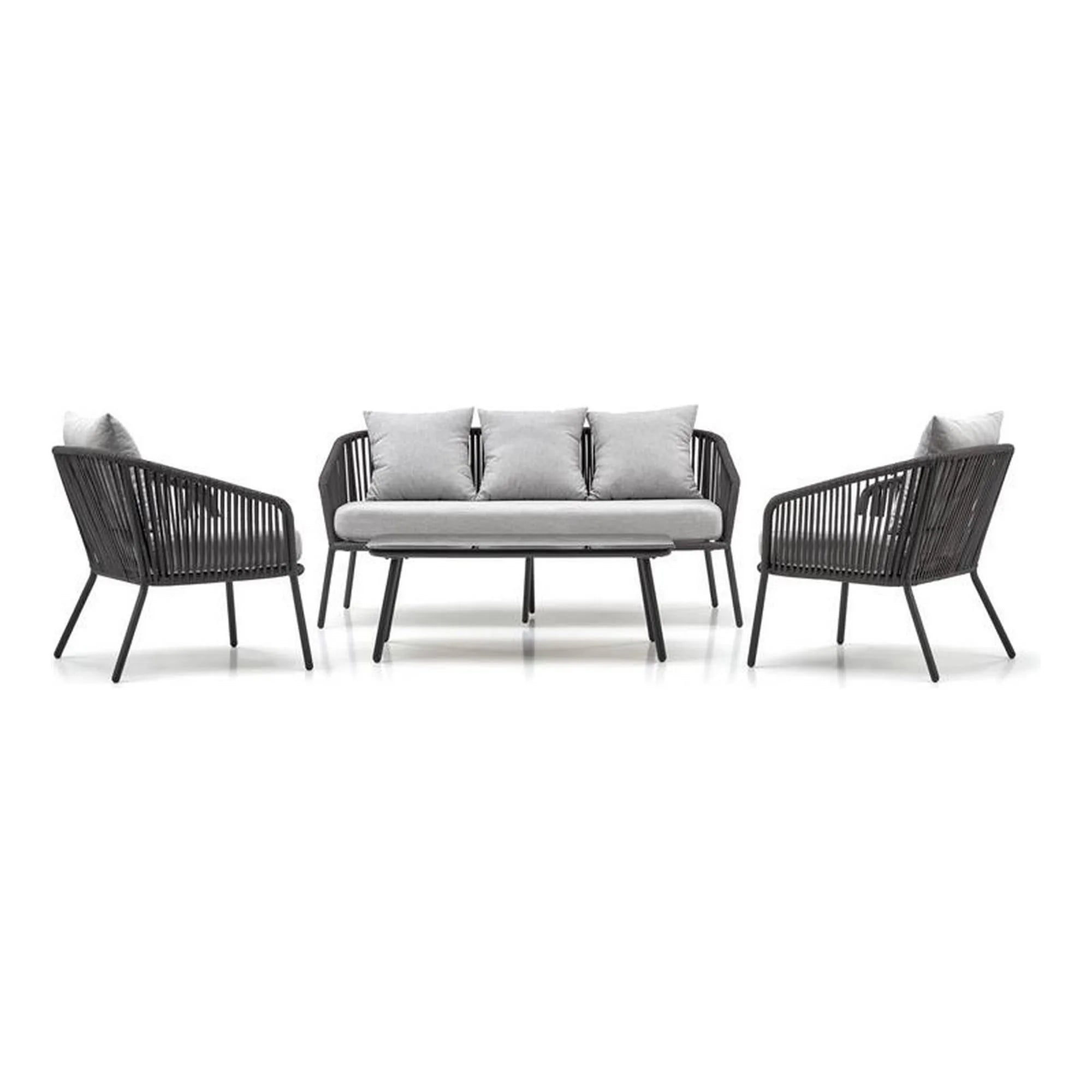 Set gradina ROCCA, gri, sticla/otel/stofa, cu masuta, 2 scaune si canapea