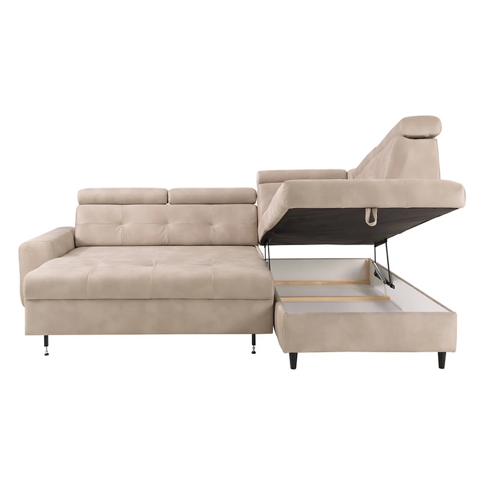 Coltar extensibil MATRAS, sezlong dreapta, stofa catifelata bej - Letto 11, cu lada depozitare si tetiere reglabile, 263x205x98 cm