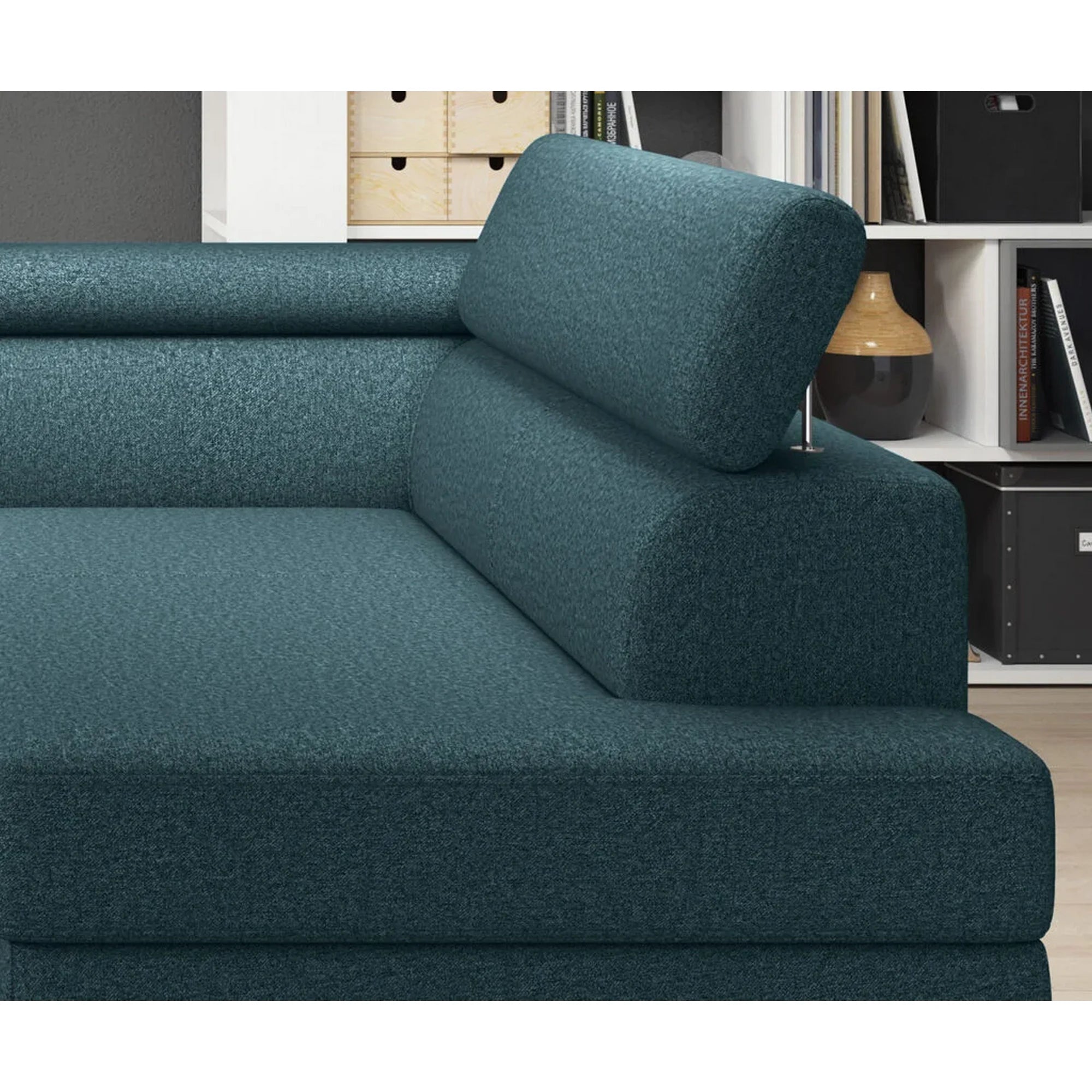 Coltar extensibil LIVIO, personalizabil materiale gama Oferta Avantaj, cu lada depozitare si tetiere reglabile, 249x184x90 cm