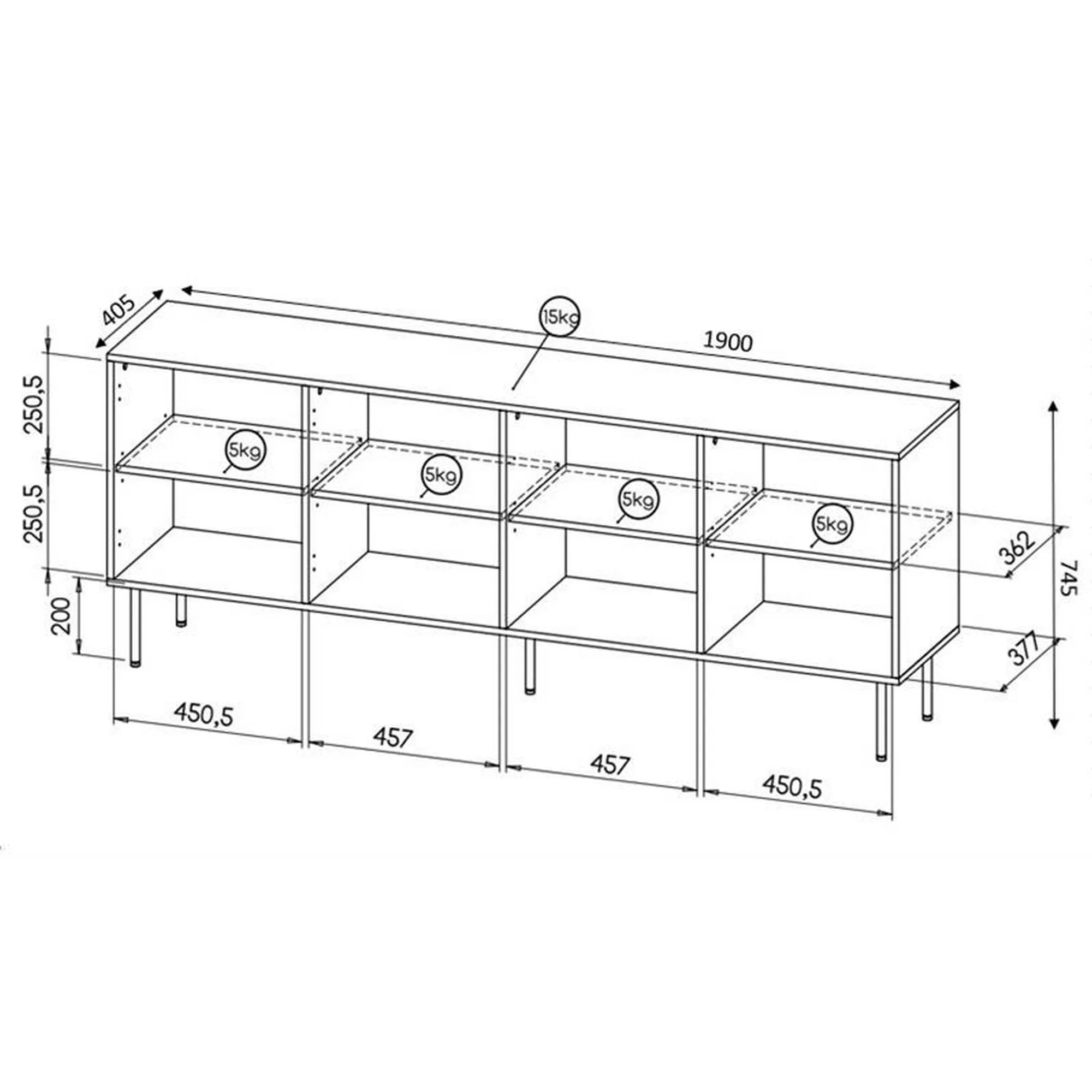 Comoda HOLE, alb/negru, PAL laminat, 190x41x75 cm