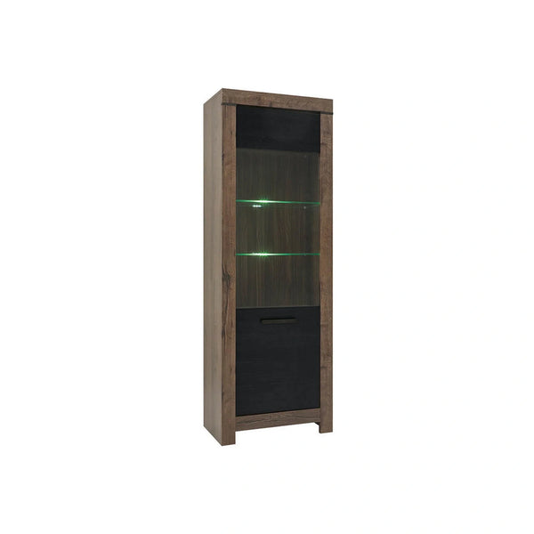 Vitrina BALIN, stejar/negru, PAL/sticla, cu iluminare LED, 68x40x197 cm