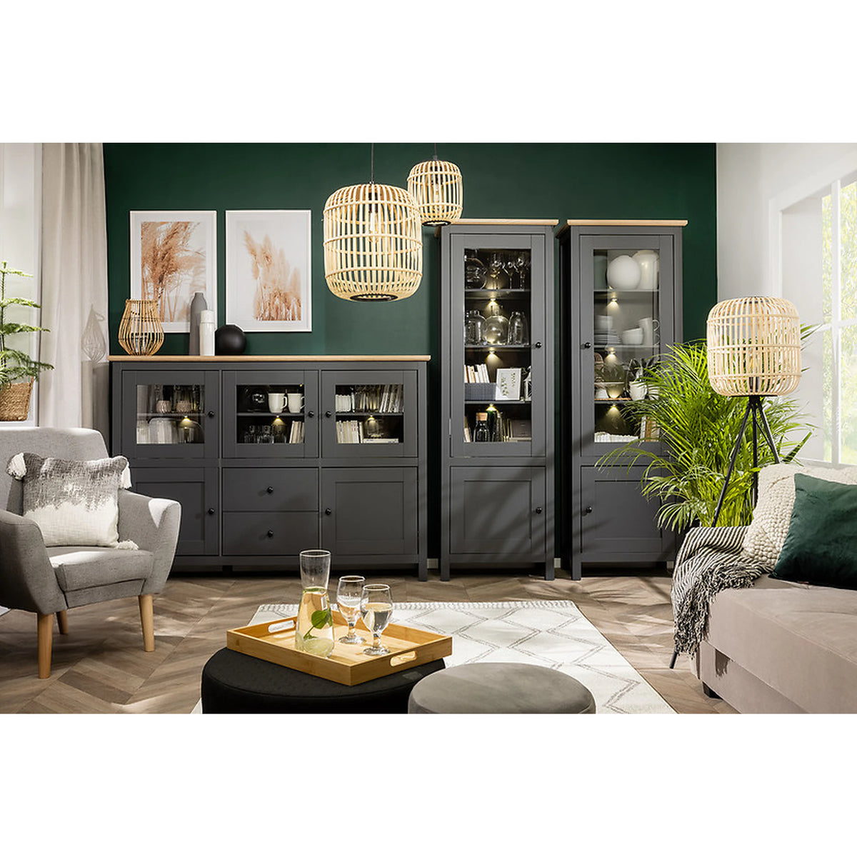 Vitrina HESEN, gri grafit/stejar artisan, PAL melaminat/sticla securizata, 71x44x203 cm