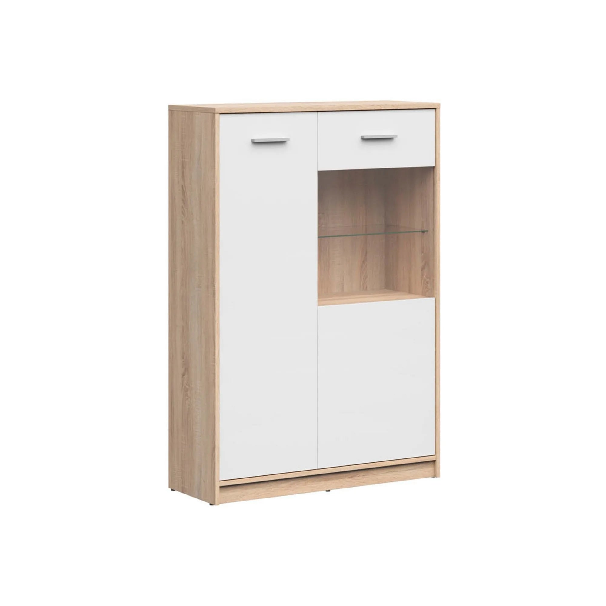 Vitrina NEPO PLUS, stejar sonoma/alb, PAL laminat/sticla securizata, 90x34x132 cm